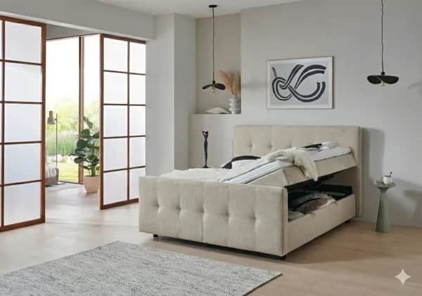 Boxspringbett BD-300 mit Bettkasten 140/160/180x200  Stoff grau/beige, H3, schnell lieferbar