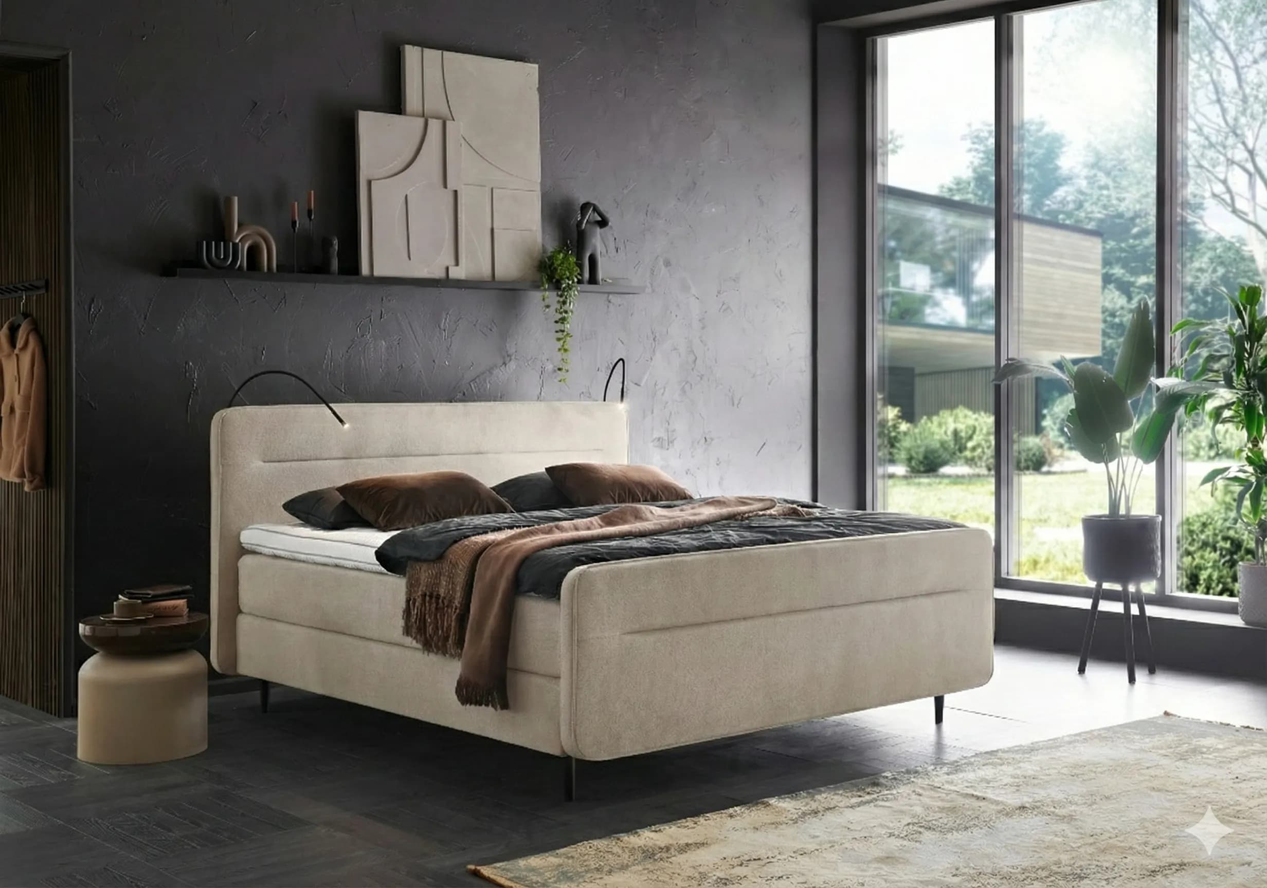 Boxspringbett (BD-3300), 160/180x200, 180x210, Stoff anthrazit, beige, grün, H2, H3