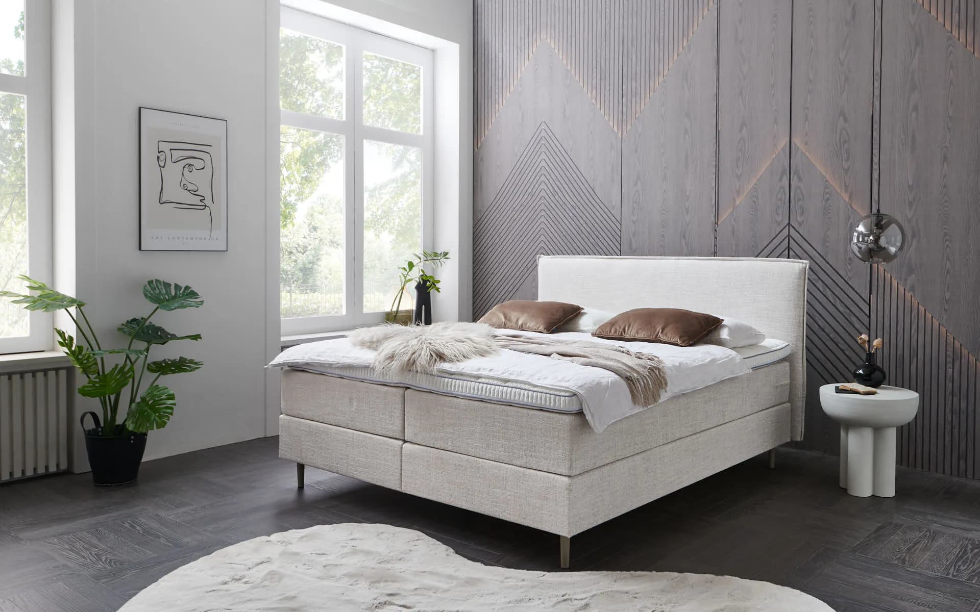 Boxspringbett (BD-700) 140/160/180x200. Stoff grau, beige, H3, schnell lieferbar