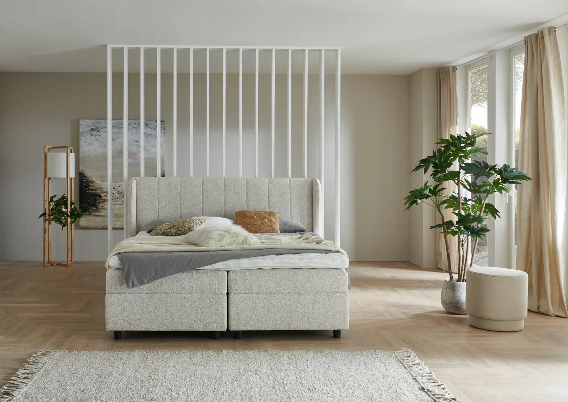 Boxspringbett BD-200, mit Bettkasten 140/160/180x200, Stoff beige & grau, H3, schnell lieferbar