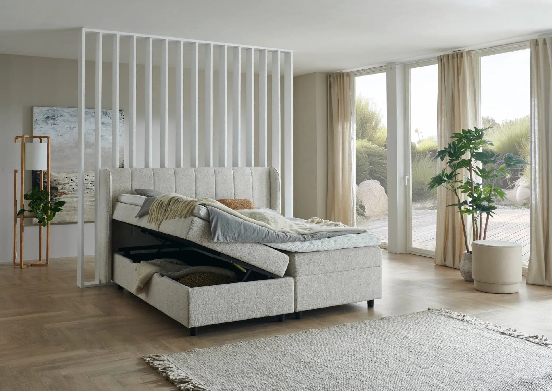 Boxspringbett BD-200, mit Bettkasten 140/160/180x200, Stoff beige & grau, H3, schnell lieferbar