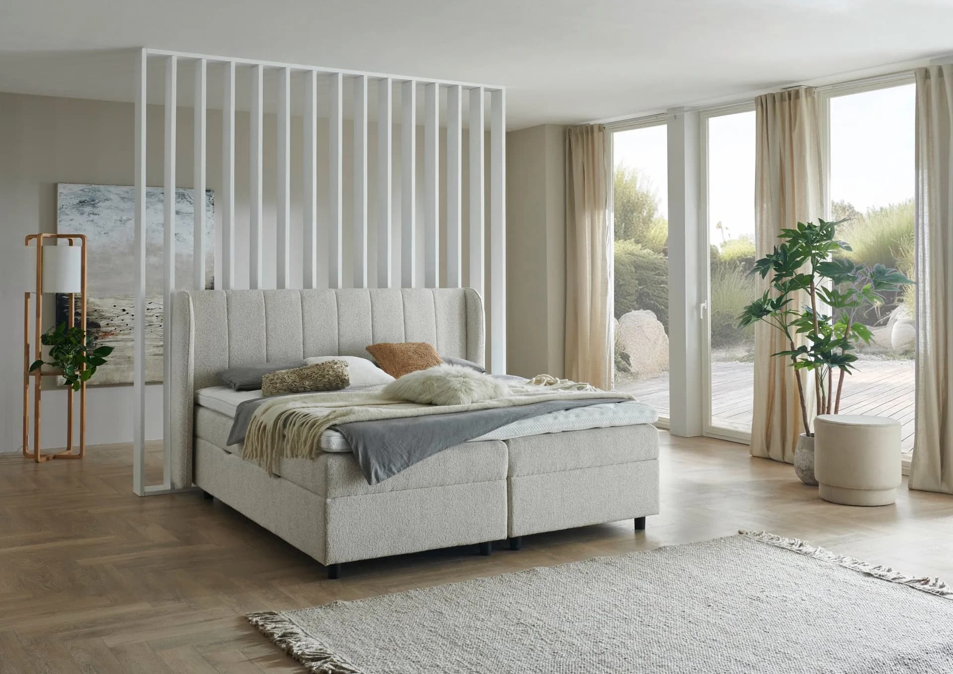 Boxspringbett BD-200, mit Bettkasten 140/160/180x200, Stoff beige & grau, H3, schnell lieferbar