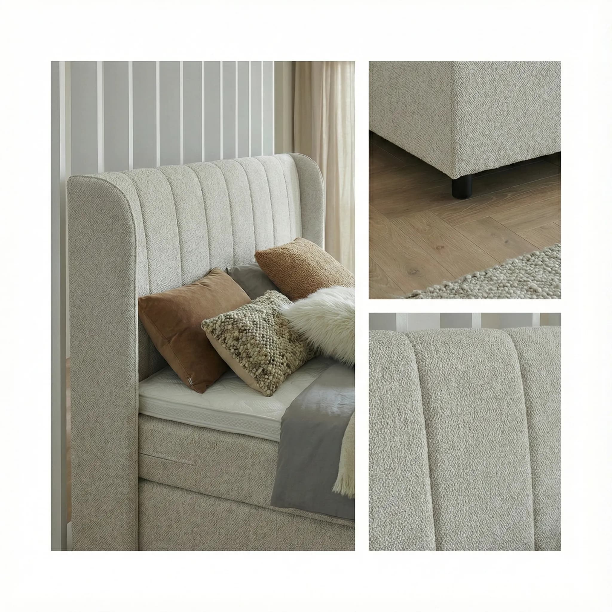 Boxspringbett BD-200, mit Bettkasten 140/160/180x200, Stoff beige & grau, H3, schnell lieferbar