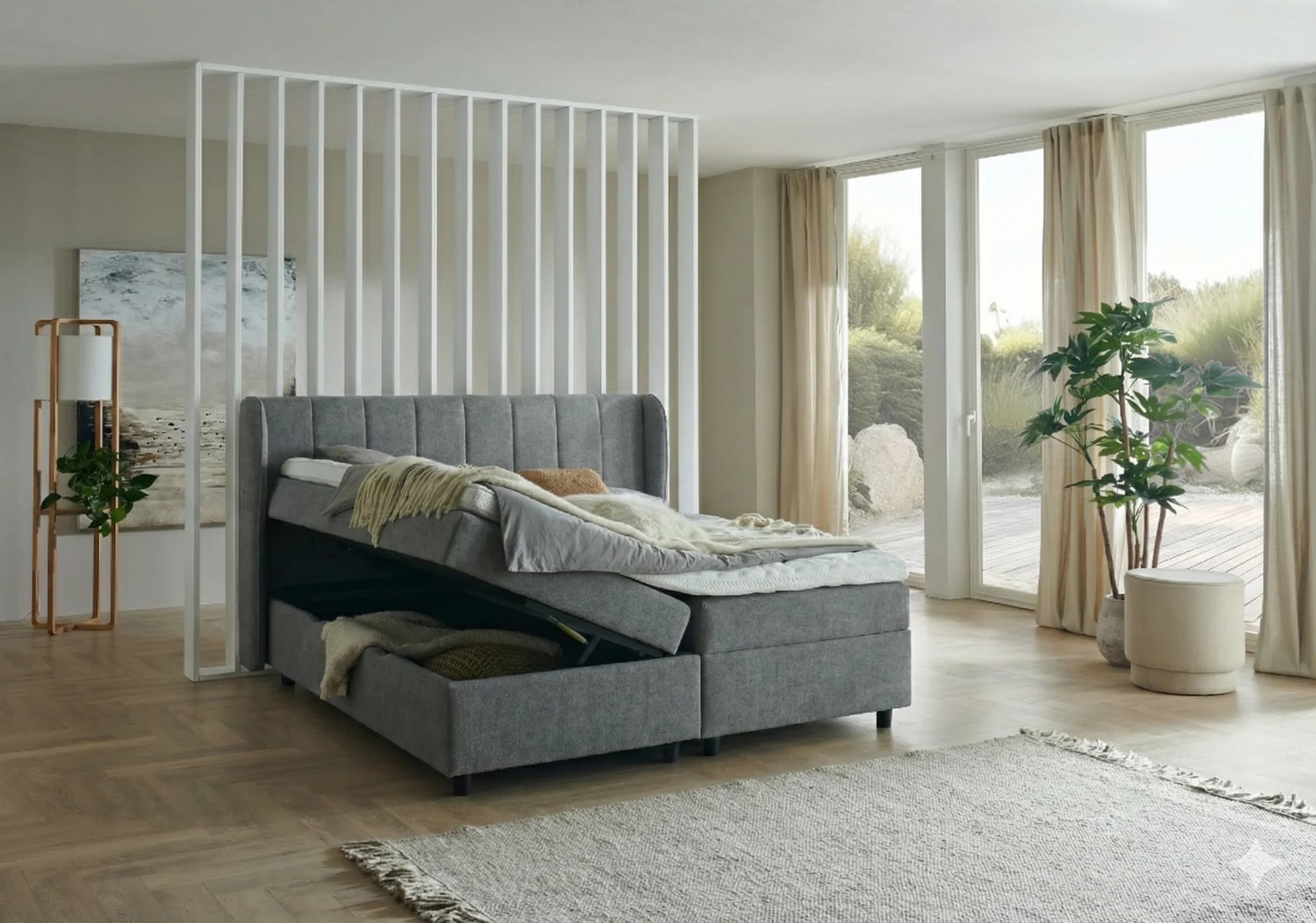 Boxspringbett BD-200, mit Bettkasten 140/160/180x200, Stoff beige & grau, H3, schnell lieferbar