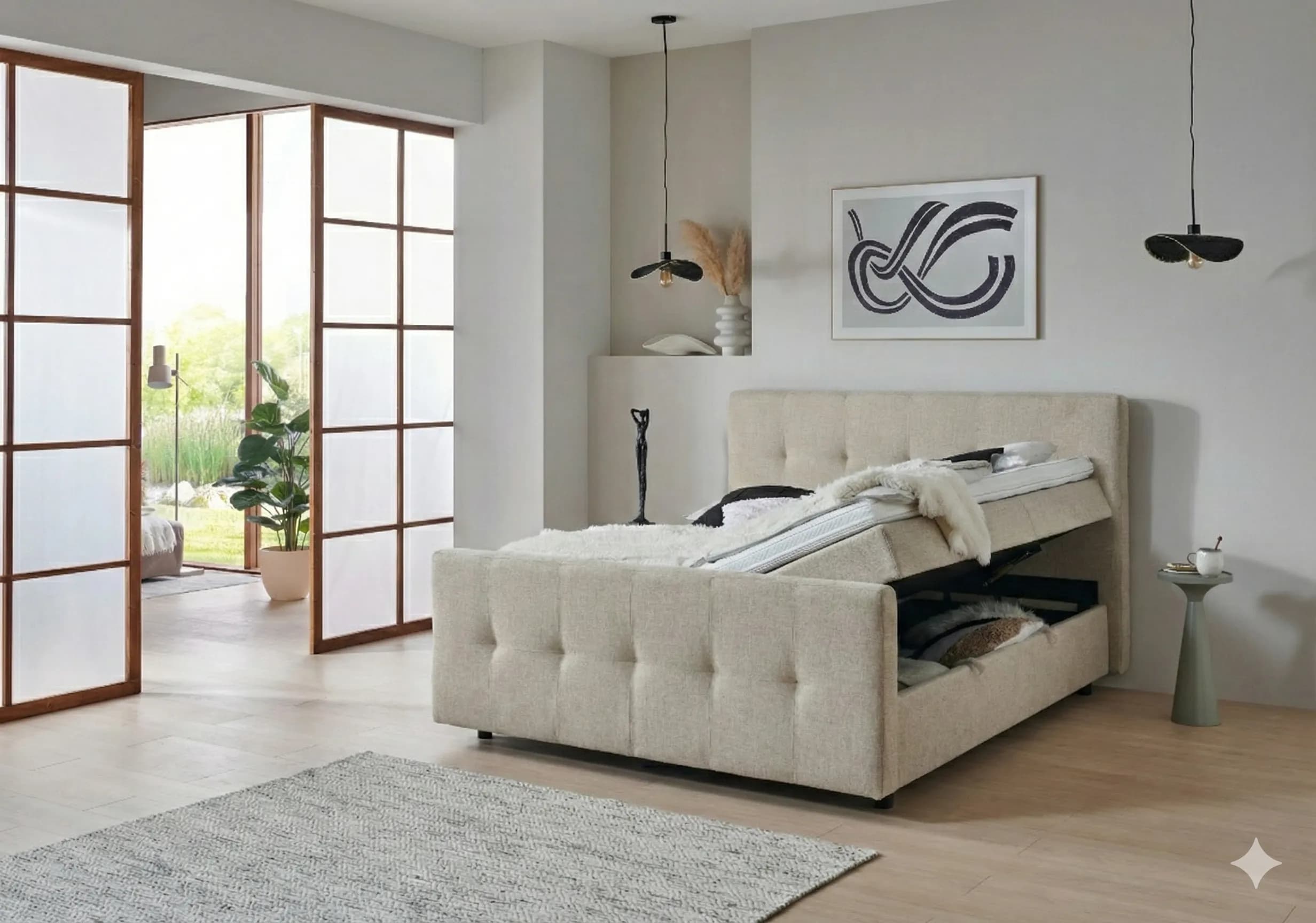 Boxspringbett BD-300 mit Bettkasten 140/160/180x200 Stoff grau/beige, H3, schnell lieferbar