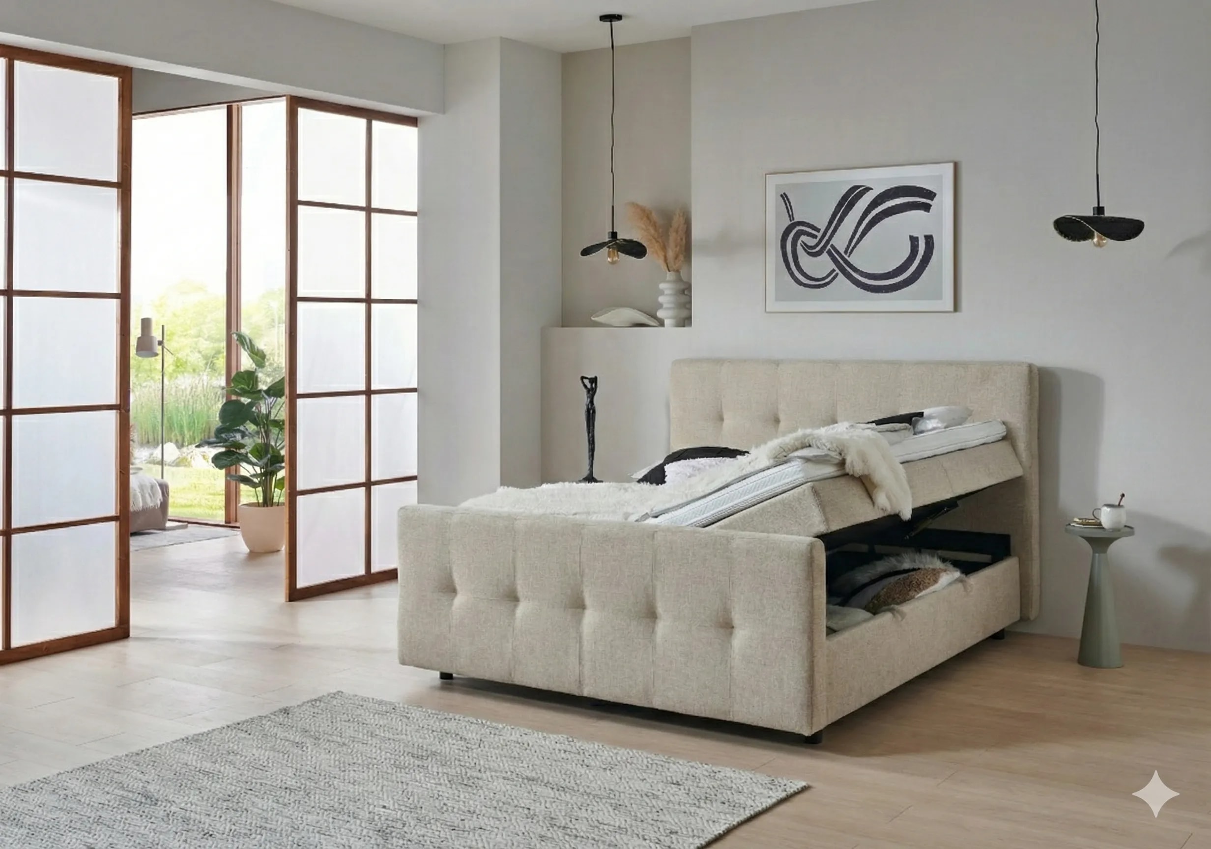 Boxspringbett BD-300 mit Bettkasten 140/160/180x200 Stoff grau/beige, H3, schnell lieferbar