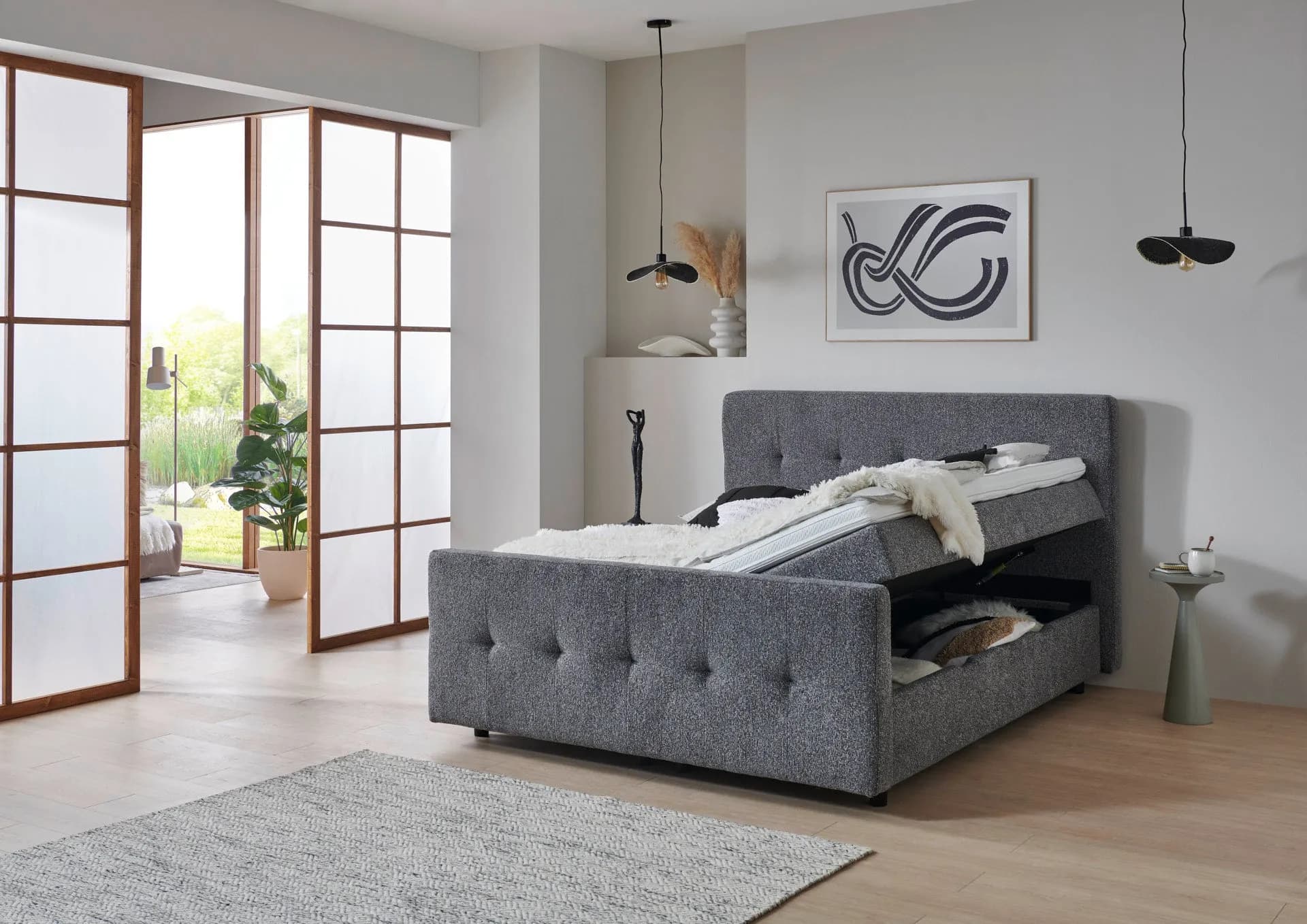 Boxspringbett BD-300 mit Bettkasten 140/160/180x200 Stoff grau/beige, H3, schnell lieferbar